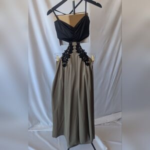 Two-Tone Cutout Maxi Dress with Floral Appliqué